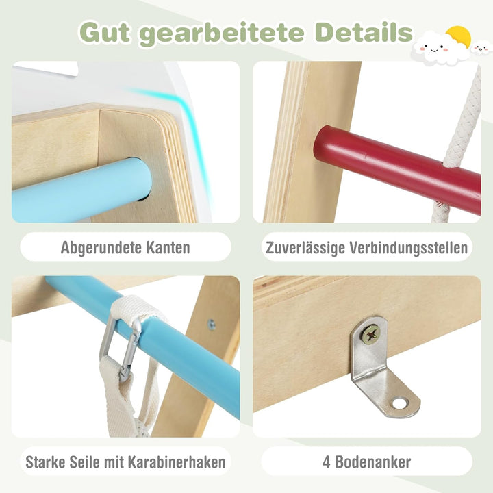 COSTWAY Klettergerüst Indoor, 6 in 1 Turnringen & Kletterfelsen & Kletternetz & Leiter & Pull Up Bar