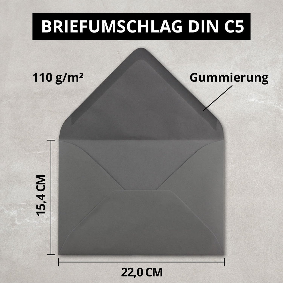 Briefumschläge in Anthrazit-Grau/Dunkelgrau - 50 Stück - DIN C5 Kuverts 22,0 x 15,4 cm - Nassklebung