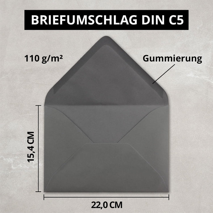 Briefumschläge in Anthrazit-Grau/Dunkelgrau - 50 Stück - DIN C5 Kuverts 22,0 x 15,4 cm - Nassklebung