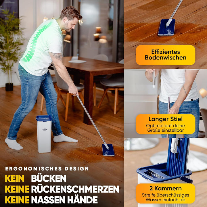 Formosa 2 Bodenwischer Wischmopp Set mit Eimer- 360° Flachwischer, Extra Langer 155 cm Edelstahl Sti
