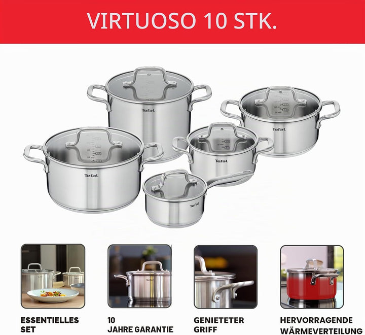 Tefal Virtuoso E492SA25 Kochgeschirr-Set, Edelstahl, Induktion, unbeschichtet, 5-teilig
