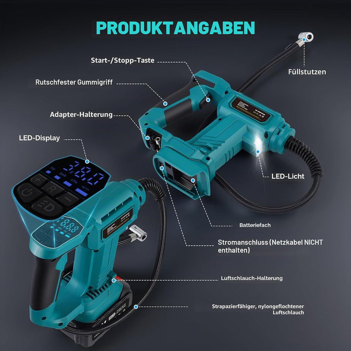 Tragbarer Luftkompressor für Batterien 18 V, max. 11 bar, automatischer Aufblaser mit digitalem Mano