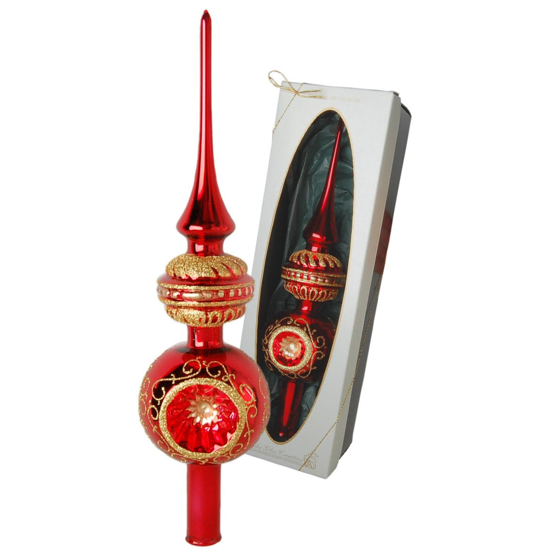 Christbaumspitze glänzend rot mit Dekor, 29 cm in hochwertiger Geschenkbox Doppel Reflex Christbaums