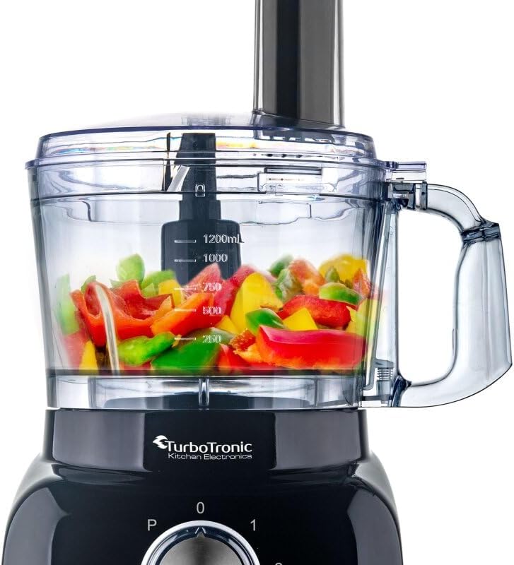 TurboTronic/Food Processor / 1,2L mini small/schwarz/Küchenmaschine mit Mixer, Raspelscheiben, Zitru