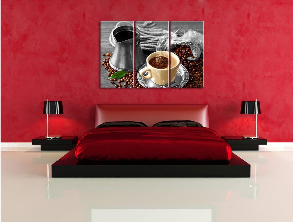 Pixxprint Dampfender Kaffe mit Kännchen schwarz/weiss 3-Teiler Leinwandbild 120x80 Bild auf Leinwand