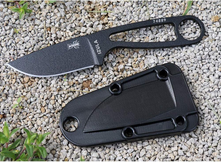 ESEE Knives Izula Fixed Blade Knife w/Survival Kit, Sheath & Clip Plate Schwarz, Schwarz