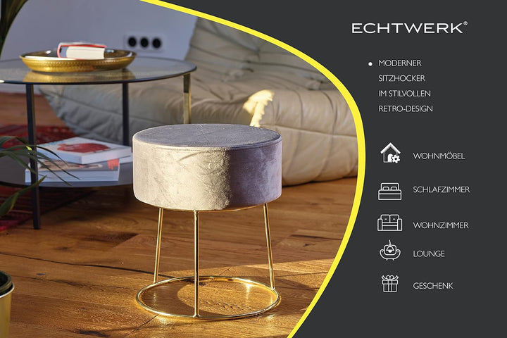 ECHTWERK runder Sitzhocker Marilyn, Polsterhocker aus Samtstoff, Schminkhocker mit Metallbeinen in G