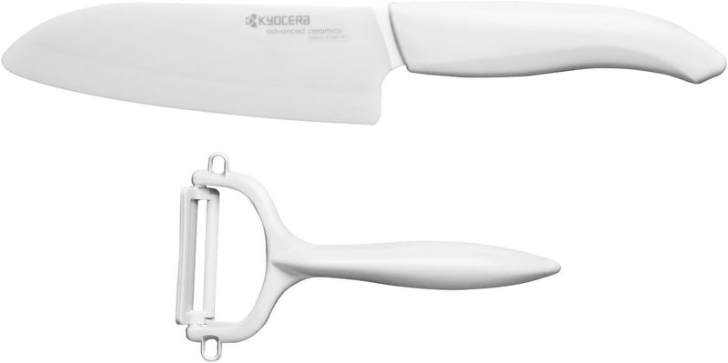 Kyocera Cut&Peel Set, Santokumesser (Klinge: 14 cm) mit Sparschäler, weisser Griff Weiss Cut & Peel