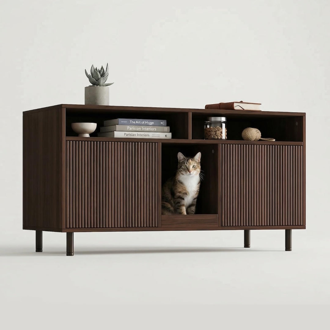 Katzenklo Schrank für 2 Katzen mit Sandauffangmatte, XXL Sideboard für Katzentoilette Versteckt, Mul