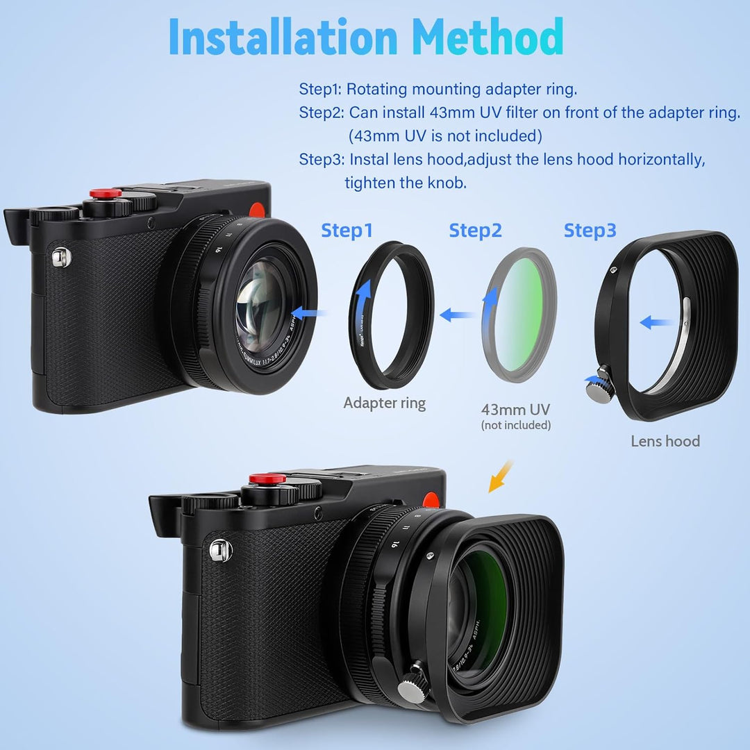 Haoge Gegenlichtblende aus Metall, quadratisch, für Leica D-Lux 8 Kamerazubehör, 43 mm, Schraub-Gege