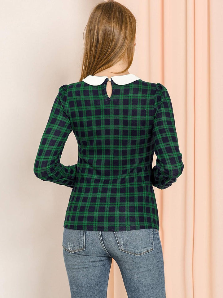 Allegra K Damen Bubikragen Bluse Oberteil Langarm Panel Elegant Kariert Shirt M Grün, M Grün