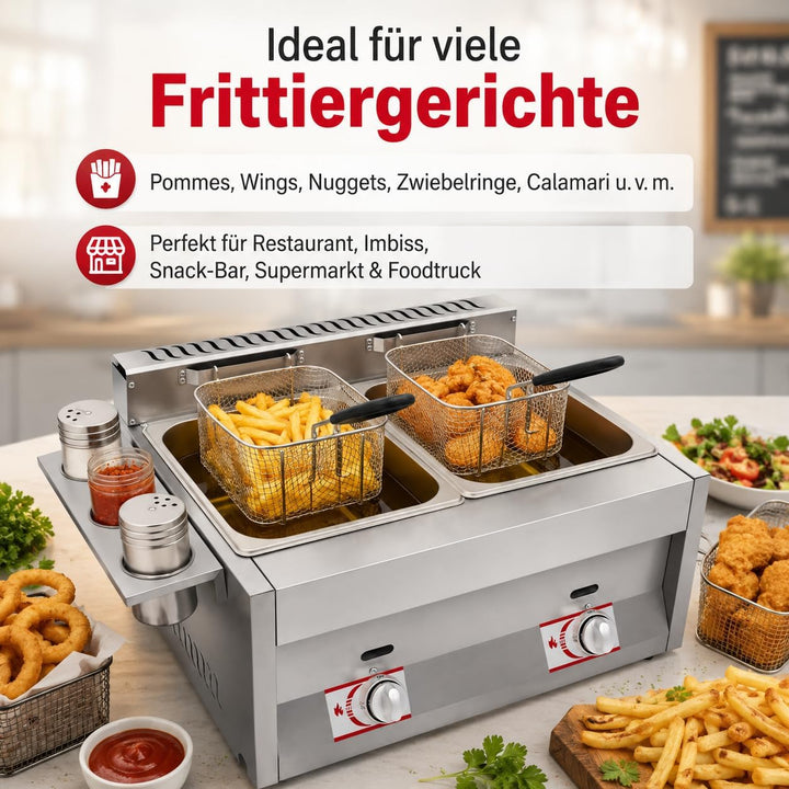 Gas Fritteuse, Doppeltank 2x6L, 50-380°C, Edelstahl, Gastronomie | 430 Edelstahl,genietet,LPG,Deckel