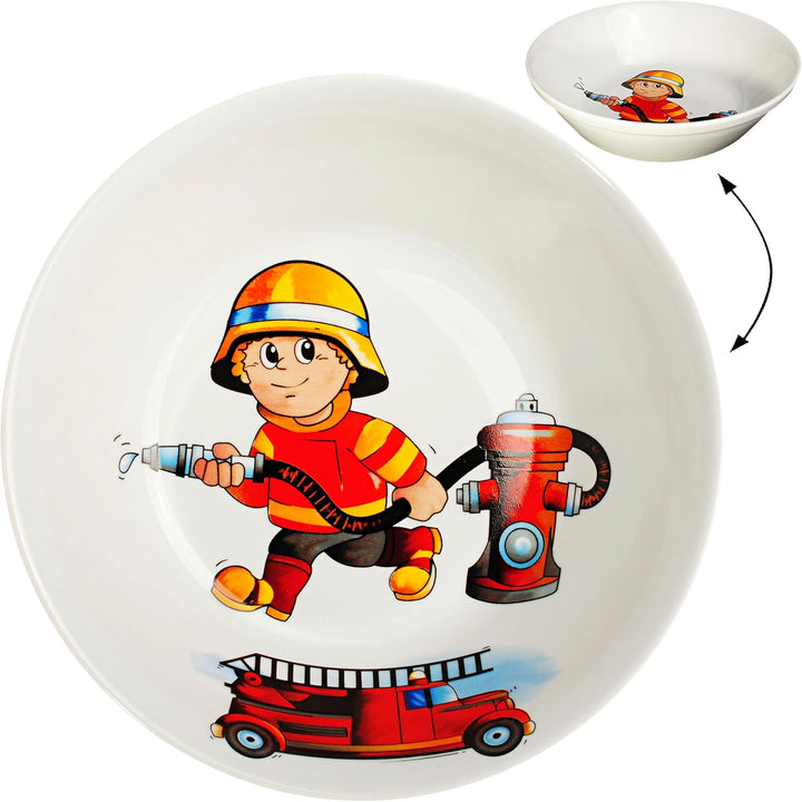 2 TLG. Set Tasse + hoher Teller/Suppenteller/Müslischale - Feuerwehr - Feuerwehrmann & Feuerwehrauto