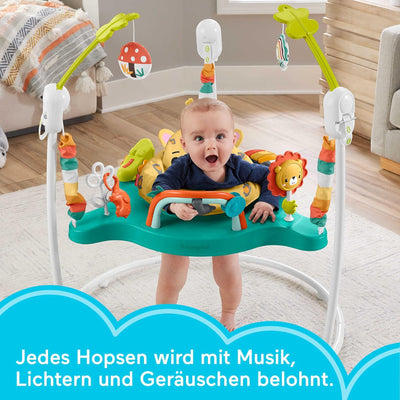 Fisher-Price Hüpf-Leopard Jumperoo - Spielcenter mit Wippe, 360 Grad Sitz, Abnehmbarer Tukan, höhenv