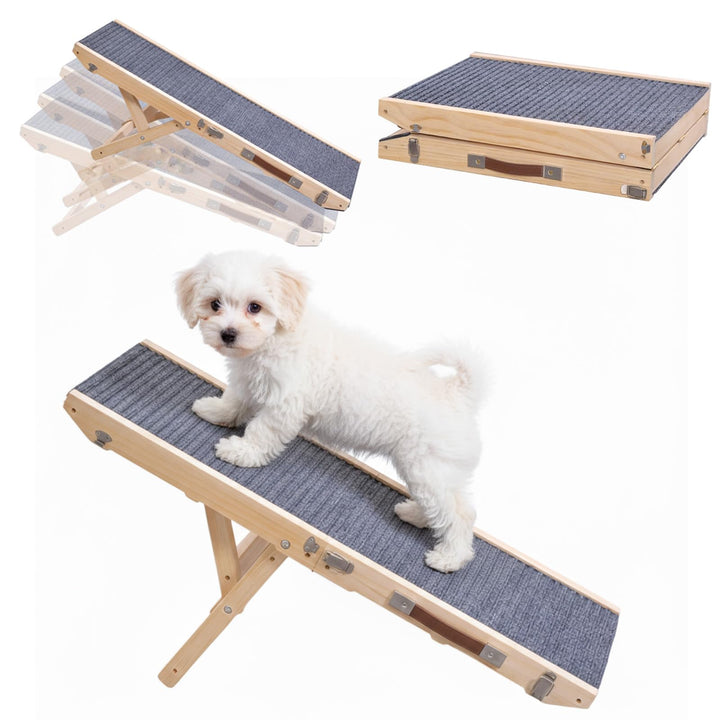 Hunderampe aus Holz, Hundetreppe 4 Stufen Verstellbar 24.5cm bis 45cm, Hunderampe mit Anti-Rutsch-Pa