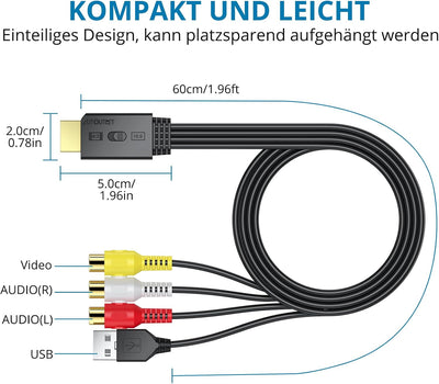 AUTOUTLET RCA auf HDMI Konverter, 1080P AV auf HDMI Adapter unterstützt 16:9/4:3 Konvertierung, PAL/