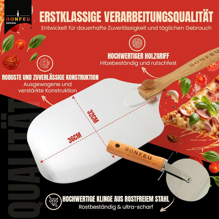 BonFeu Pizzaschieber und Pizzaschneider Set - Pizzaschaufel mit Abnehmbarem Holzgriff - Pizza Schieb