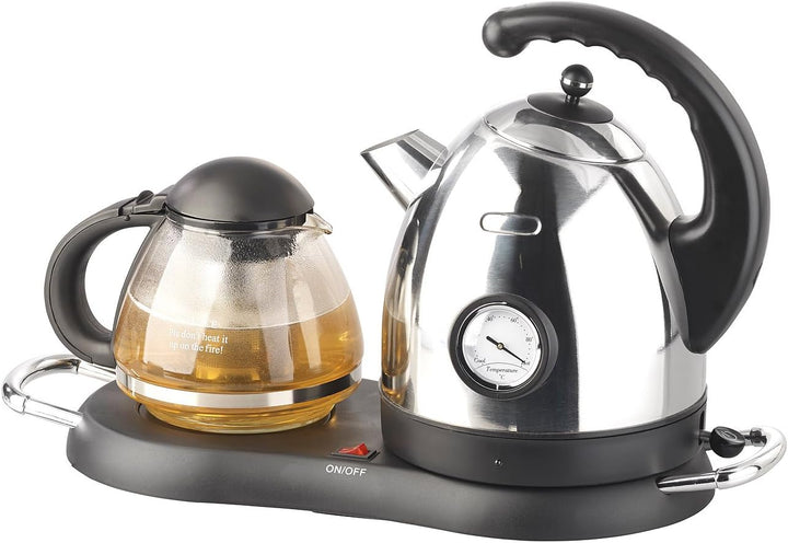 Rosenstein &amp; Söhne Teekanne elektrisch: Edelstahl-Wasserkocher WSK-300.set mit Teekanne (Tee Bereite