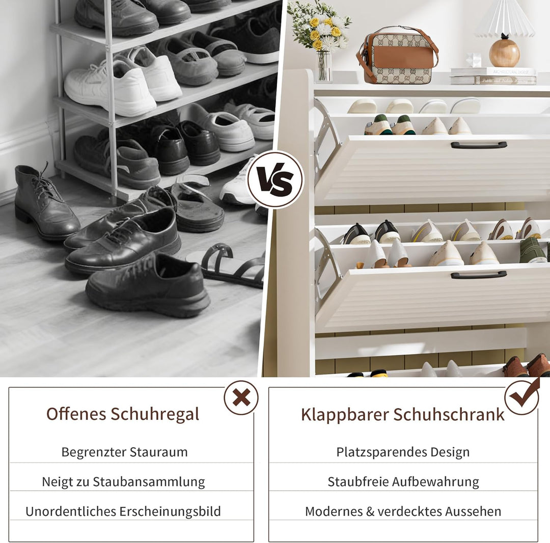Schuhschrank Schmal, Schuhkipper mit Lamellentür, Schuhregal mit 3 Klappen, Schuhkommode mit 6 Verst