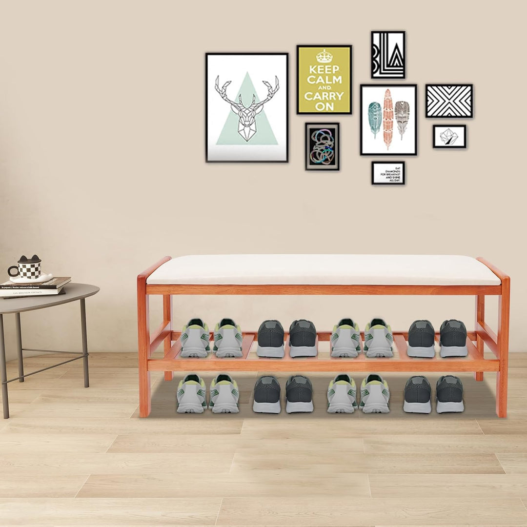 Rotbraune Schuhbank aus Gummiholz mit PU Sitzkissen freistehend | 100 mal 34 mal 42 cm Gesamtgrösse