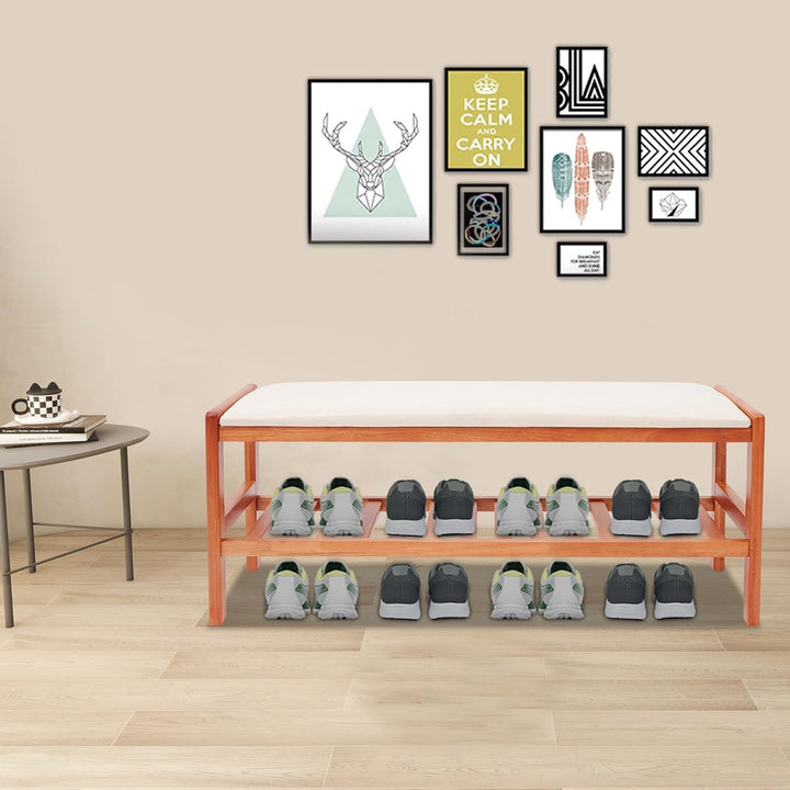 Rotbraune Schuhbank aus Gummiholz mit PU Sitzkissen freistehend | 100 mal 34 mal 42 cm Gesamtgrösse