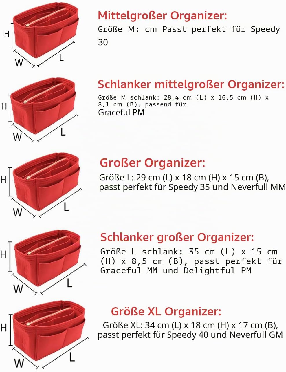 Organisatorischer Tascheineinsatz aus Filz mit Reissverschluss, passend für Speedy-Neverfull-Tasche,