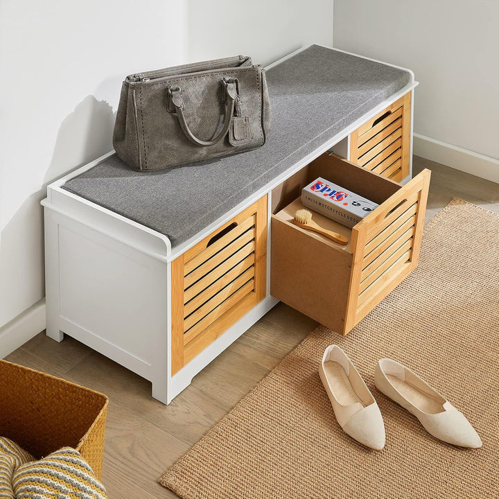 SoBuy Schuhbank Sitzbank mit Stauraum – Schuhregal mit 3Körben, Sitztruhe mit Sitzkissen – Flurbank