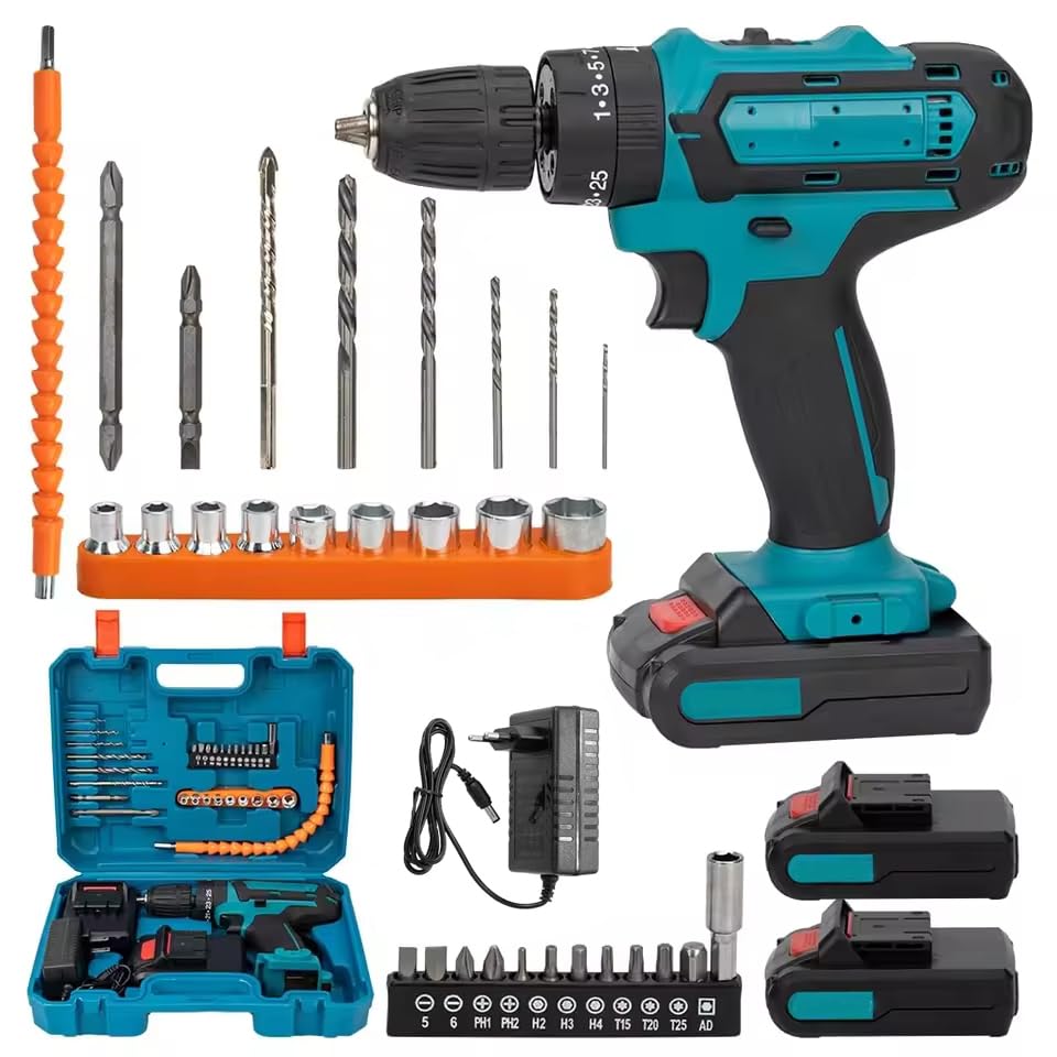 Kabelloser Bohrer-Treiber mit 2 21V 1200mAh Batterien, 40N.m Elektrobohrer Set 32 in 1, 25+3 Drehmom