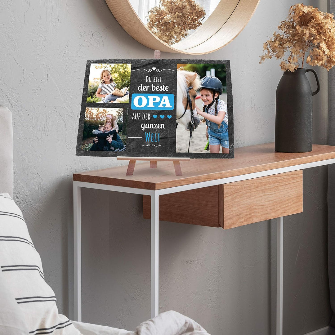 wandmotiv24 Schiefertafel Bester Opa mit Holz-Staffelei, Personalisiert mit 3 Farb-Fotos, Digitaldru