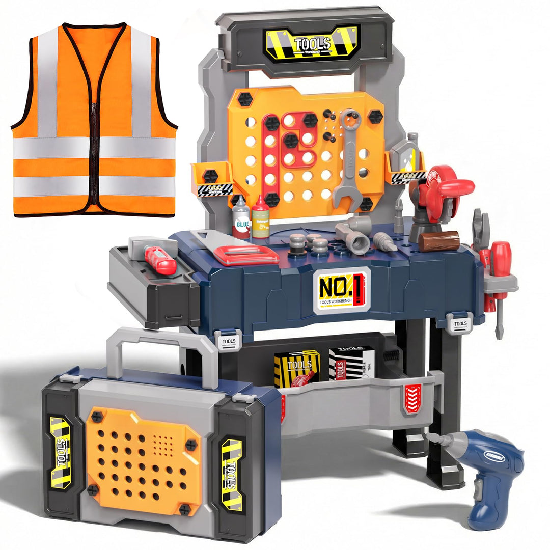 Jovow Kids Tool Bench with Electric Drill and Engineer Vest, 3-in-1 Toddler Workbench and Costume Se