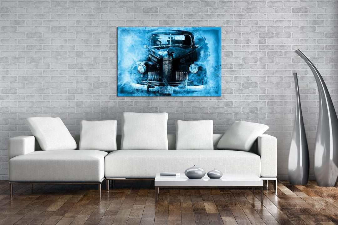 deyoli gezeichneter alter Oldtimer Format 80x60 Effekt: Monocrome Blau als Leinwandbild, Motiv ferti