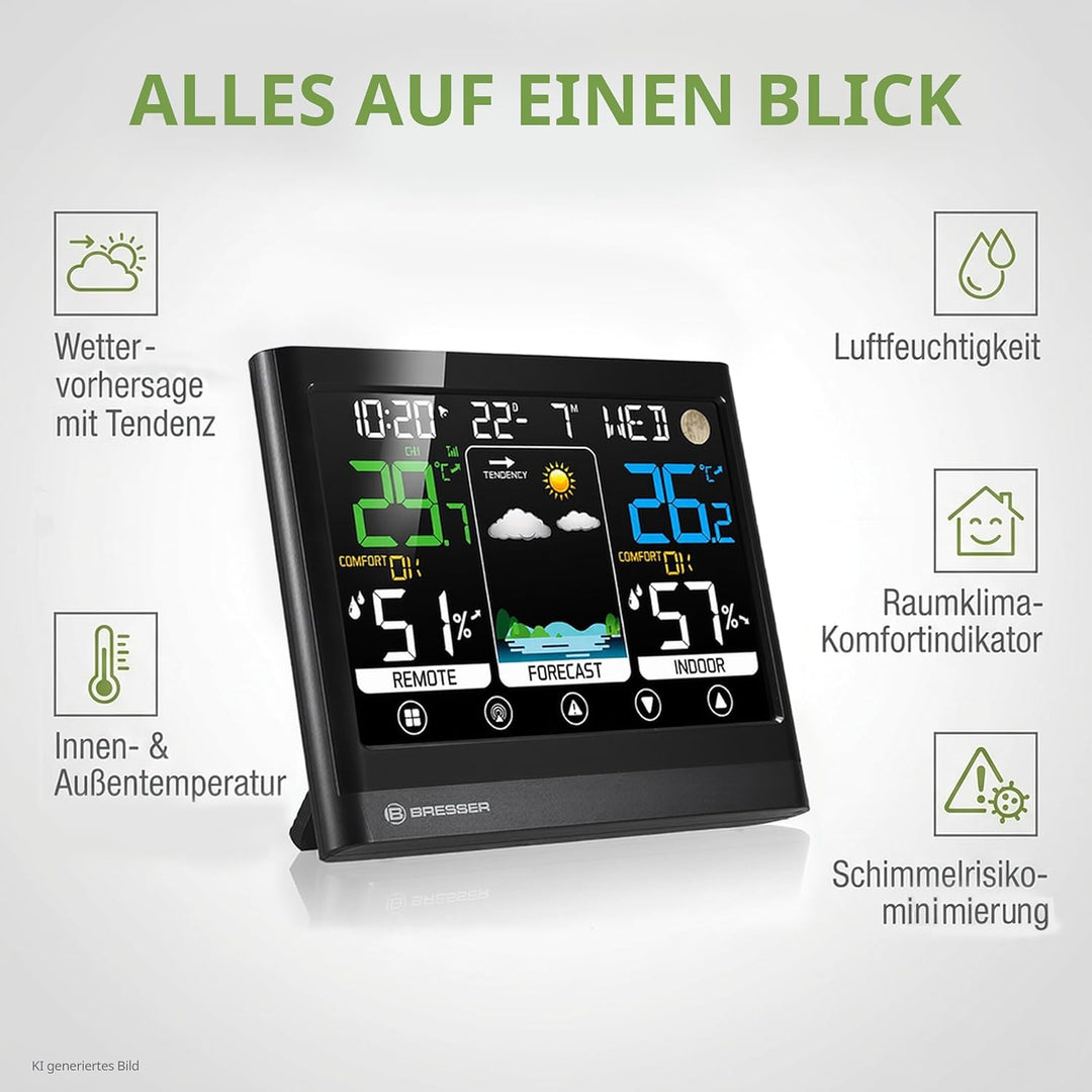 Bresser MeteoTemp BF Funk Wetterstation mit Touch-Display, Aussensensor, Wettervorhersage, Raumklima