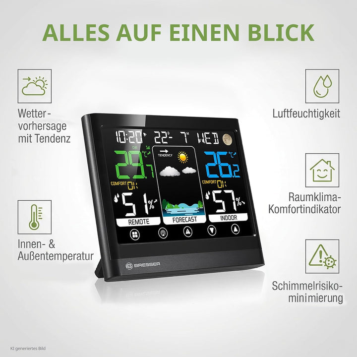 Bresser MeteoTemp BF Funk Wetterstation mit Touch-Display, Aussensensor, Wettervorhersage, Raumklima