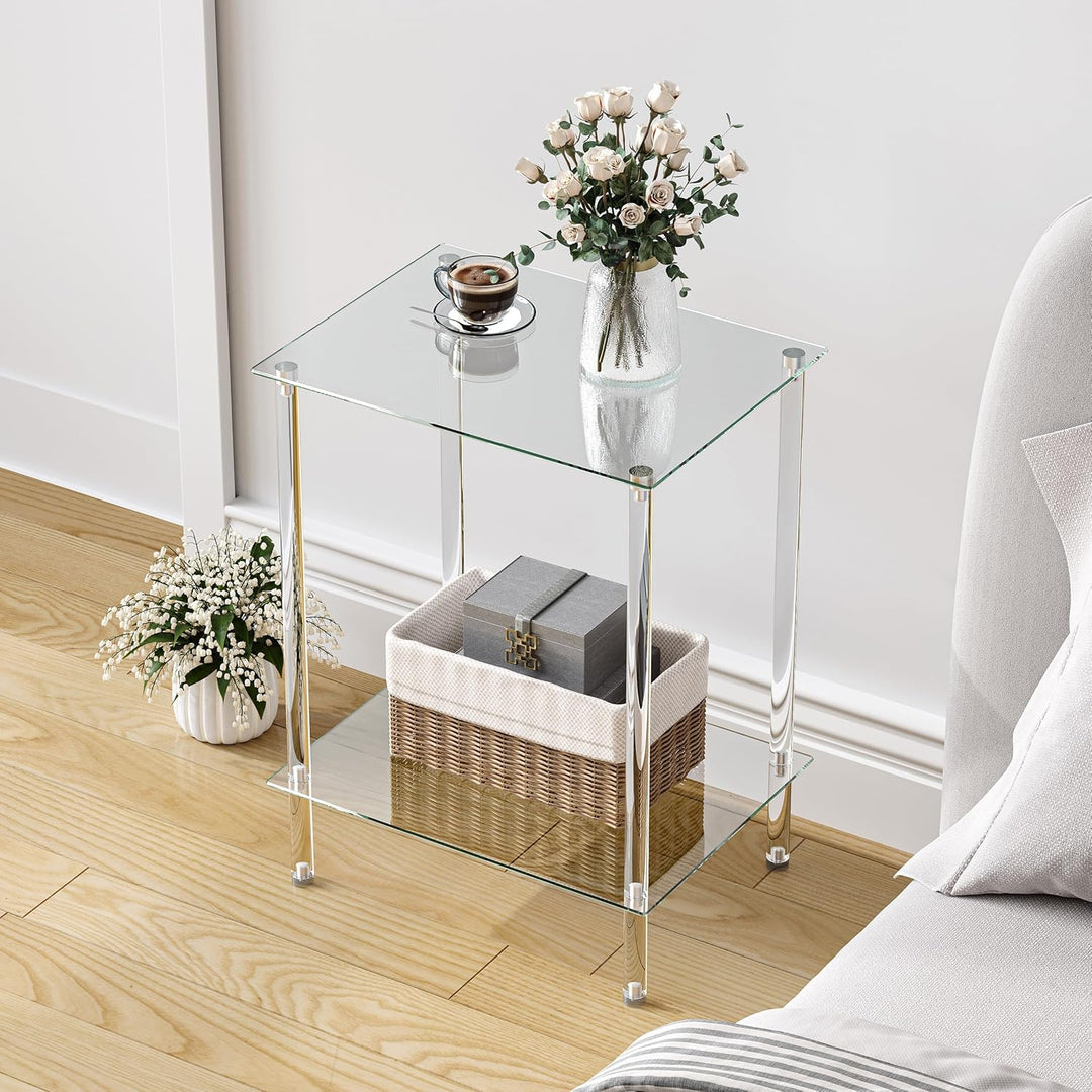 Beistelltisch Glas Eckig Nachttisch Transparent Glastisch Mobiler Couchtisch 2 Ablagen Glasregal Woh