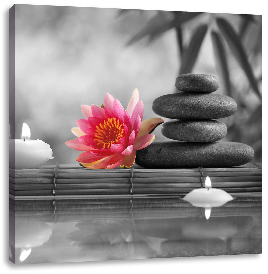 Pixxprint Seerose Zen Steine Kerzen als Leinwandbild/Grösse: 70x70 cm/Wandbild/Kunstdruck/fertig bes
