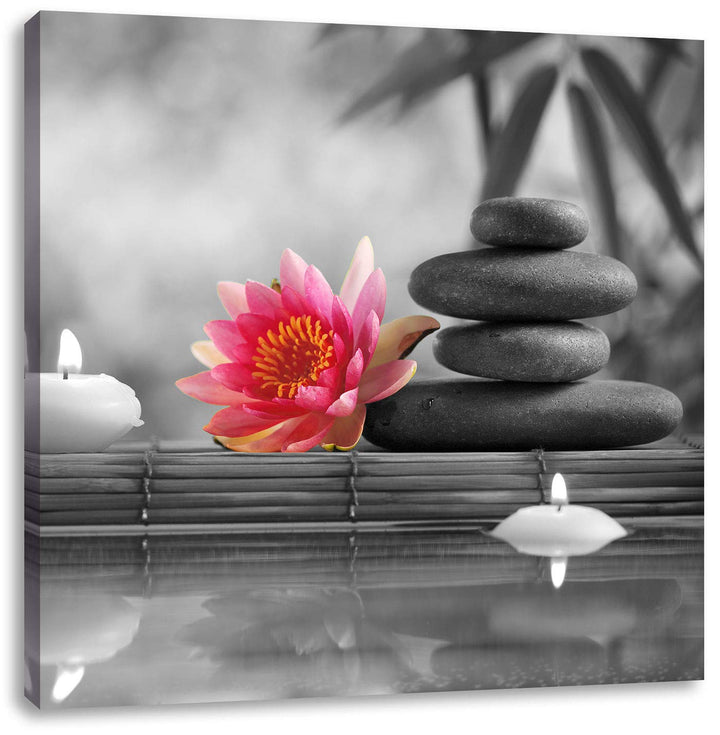Pixxprint Seerose Zen Steine Kerzen als Leinwandbild/Grösse: 70x70 cm/Wandbild/Kunstdruck/fertig bes