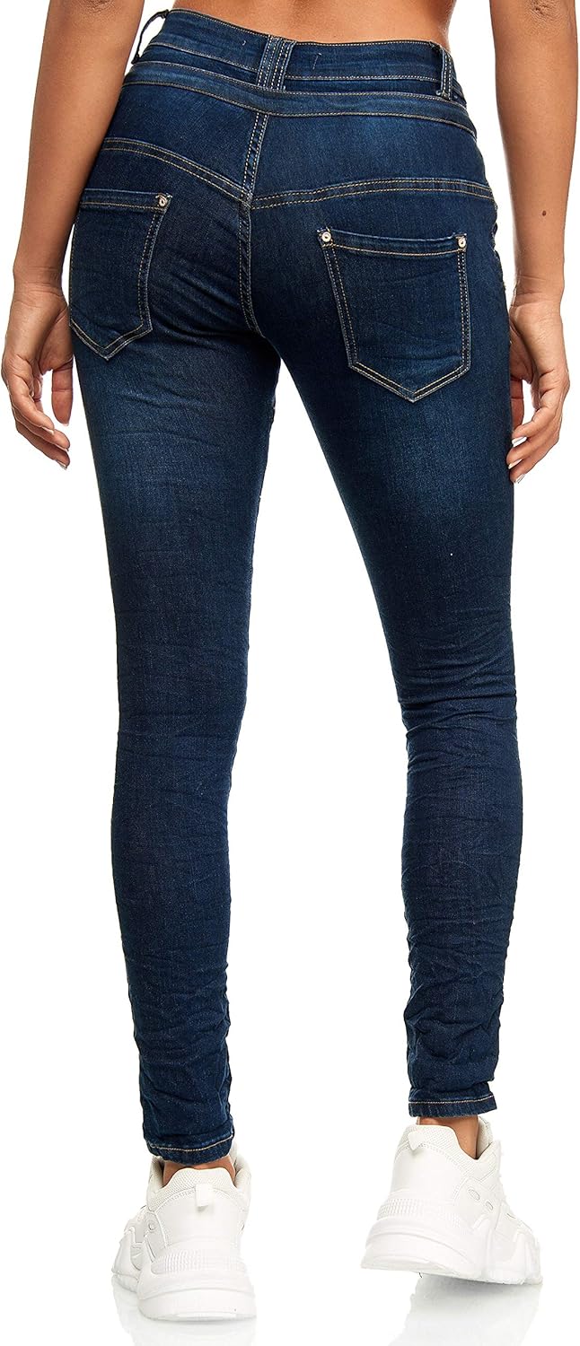 Elara Damen Jeans Boyfriend Knopfleiste Chunkyrayan 42 Slim Dunkelblau New York, 42 Slim Dunkelblau
