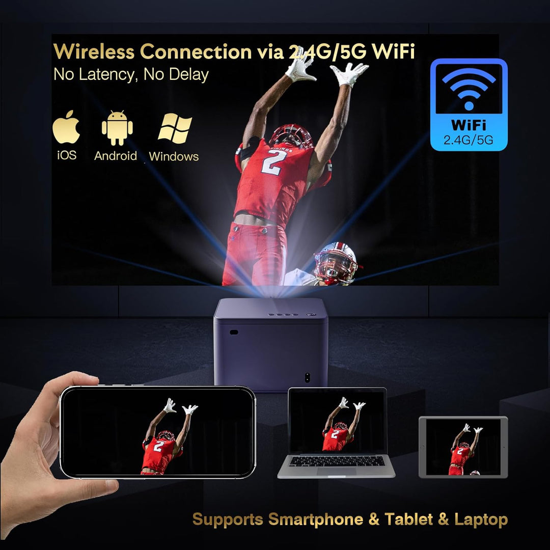 Beamer 4K [Elektrischer Fokus & 6D/4P Trapezkorrektur & Zoom] Unterstützt, 5G WiFi Zweikanal-Bluetoo