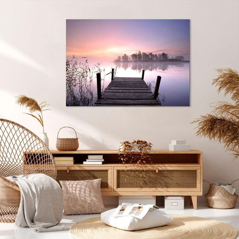 Bilder auf Leinwand 100x70cm Leinwandbild Morgen Sonnenaufgang Nebel See Gross Wanddeko Bild Schlafz