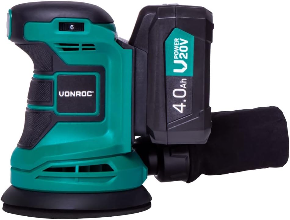 VONROC Exzenterschleifer - VPower 20V - Inkl. 4.0Ah Akku und Ladegerät - Ø125mm - Mit Staubbeutel &