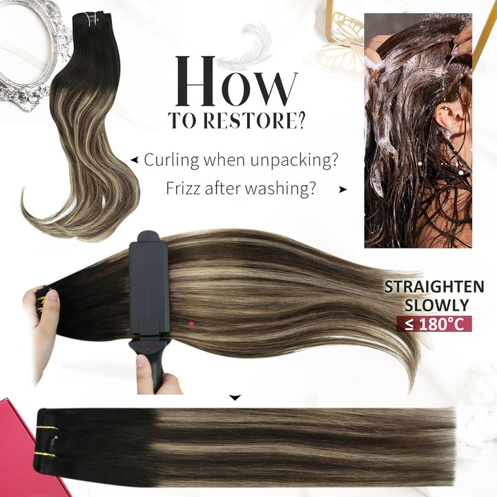 Moresoo Clip Extensions Echthaar Schwarz zu Braun Haarverlängerung Echthaar Clip in Extensions Schwa