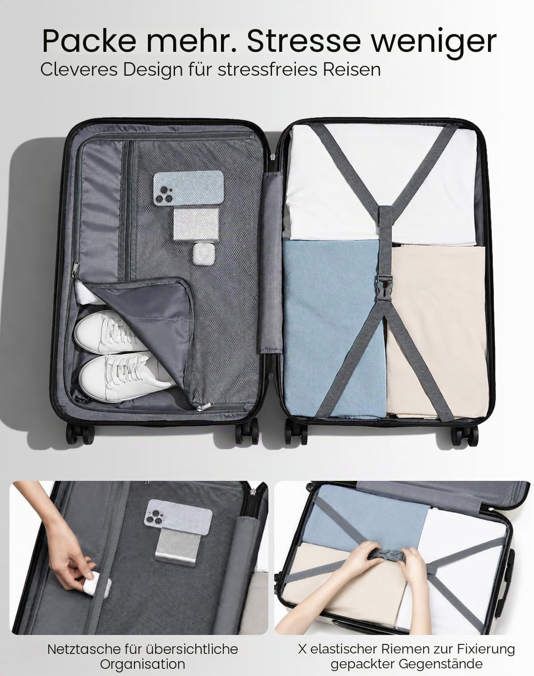 KONO 65cm Koffer Mittelgross Hartschale Trolley Rollkoffer Reisekoffer mit 4 Rollen 65x42x26cm (Koff