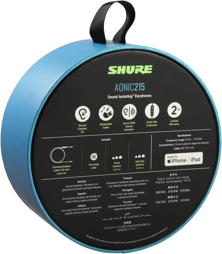 Shure AONIC 215 Wired Sound isolierende Ohrhörer, klarer Sound, Einzelfahrer, sicherer In -Ear -Anpa