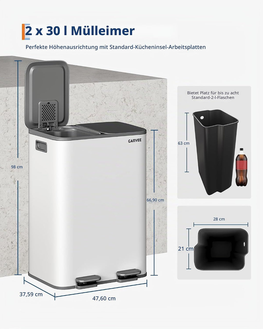 GarveeHome Mülleimer Küche, 2 x 30 L, Mülltrennsystem 2 Fächer, Metall-Tretmülleimer mit Seitlichem