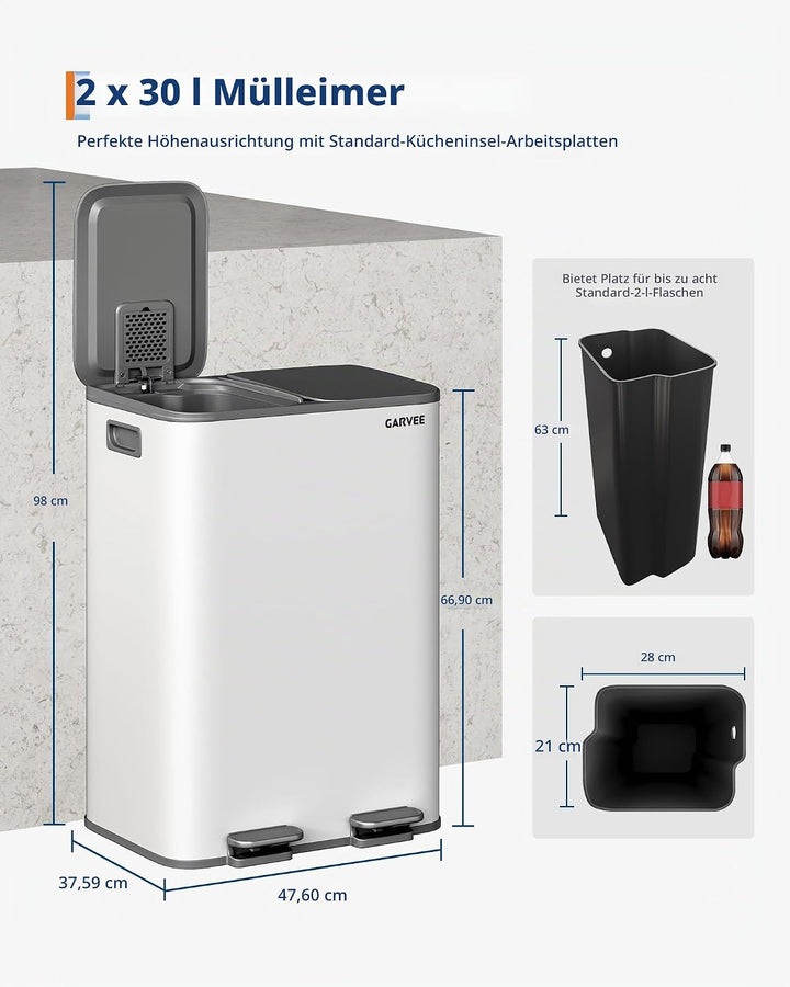 GarveeHome Mülleimer Küche, 2 x 30 L, Mülltrennsystem 2 Fächer, Metall-Tretmülleimer mit Seitlichem