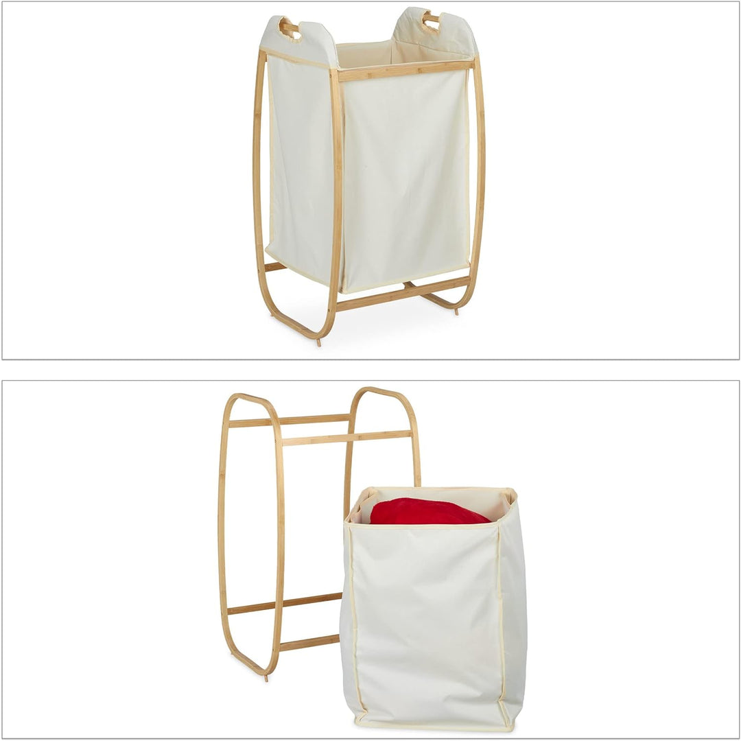 Relaxdays Wäschekorb mit Bambusgestell, ohne Deckel, HBT: 80 x 44 x 43 cm, 70 l Stoffbeutel, Wäsches