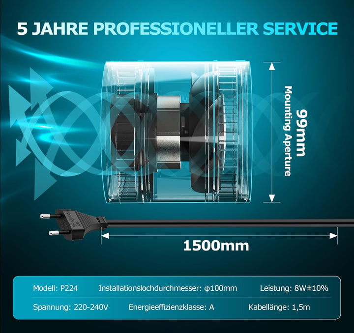 Rohrventilator 100 mm Regelbare Geschwindigkeit, 80-310 m³/h Rauchabzug Ventilator, Rohrlüfter Leise