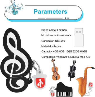 32GB*5 USB-Stick USB-Flash-Laufwerk Noten/Klavier/Saxophon/Violine/Cello, Memory Stick Cartoon Speic