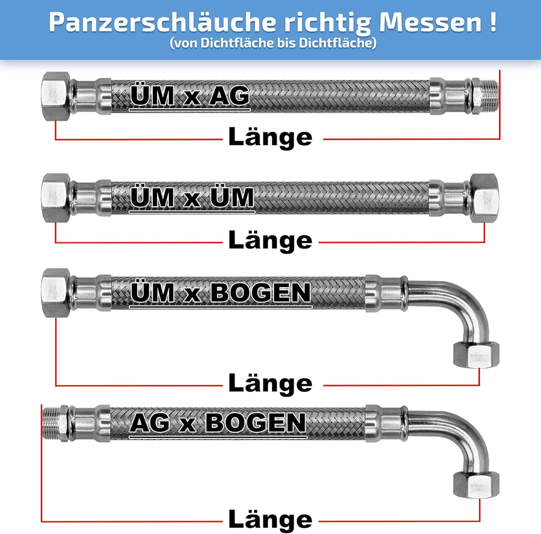 AWM Edelstahl Flexschlauch 1/2, 3/4, 1 Zoll Panzerschlauch Anschlussschlauch Sanitär Hauswasserwerk