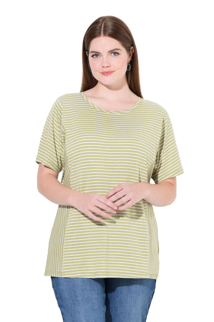 Ulla Popken Damen grosse Grössen Übergrössen Plus Size T-Shirt, Streifenmix, Rundhals, Halbarm, Biob